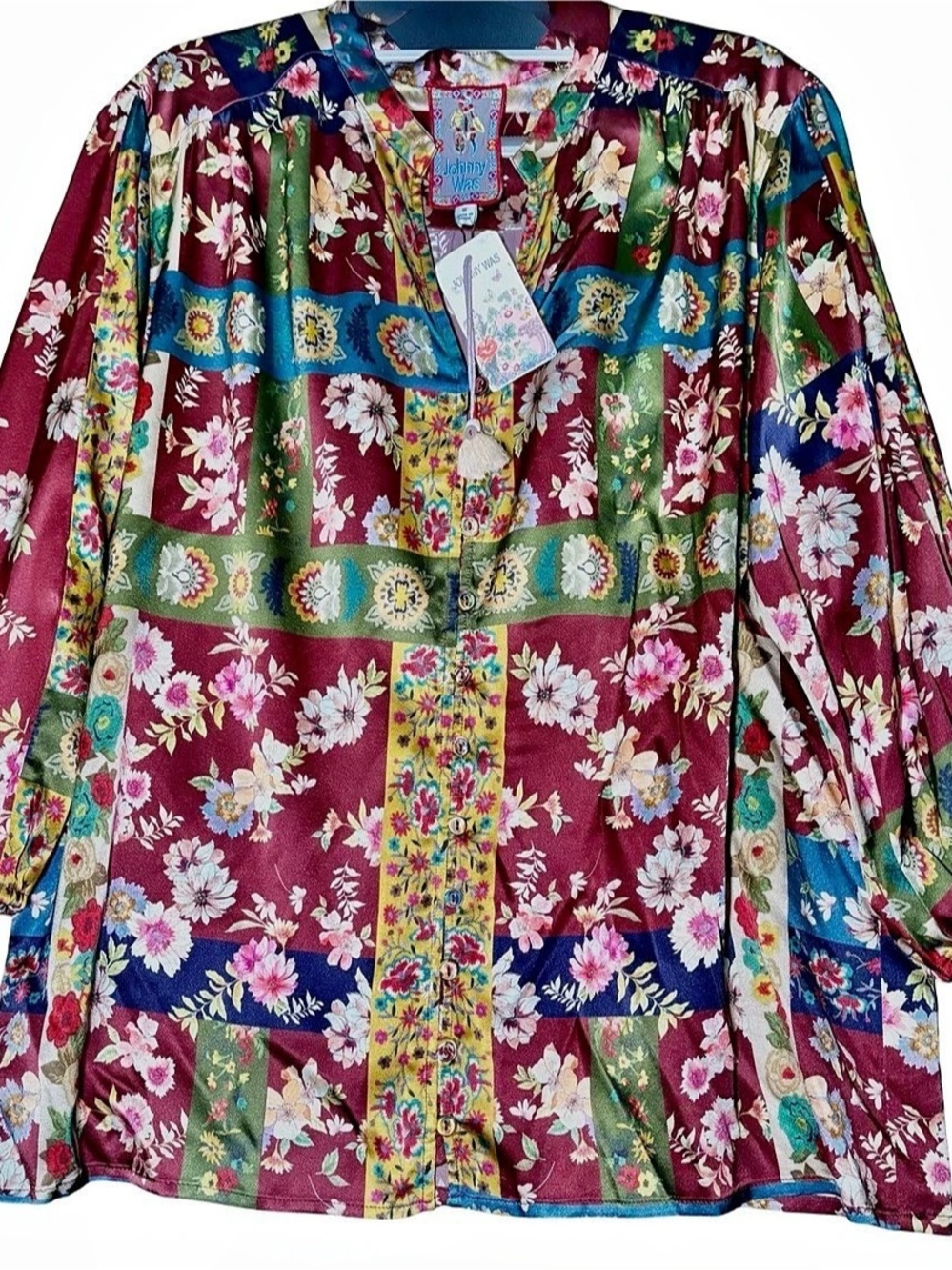 JOHNNY WAS Silk Shawl Collar Blouse Floral Blouse. Burgundy. 1X. NWT.